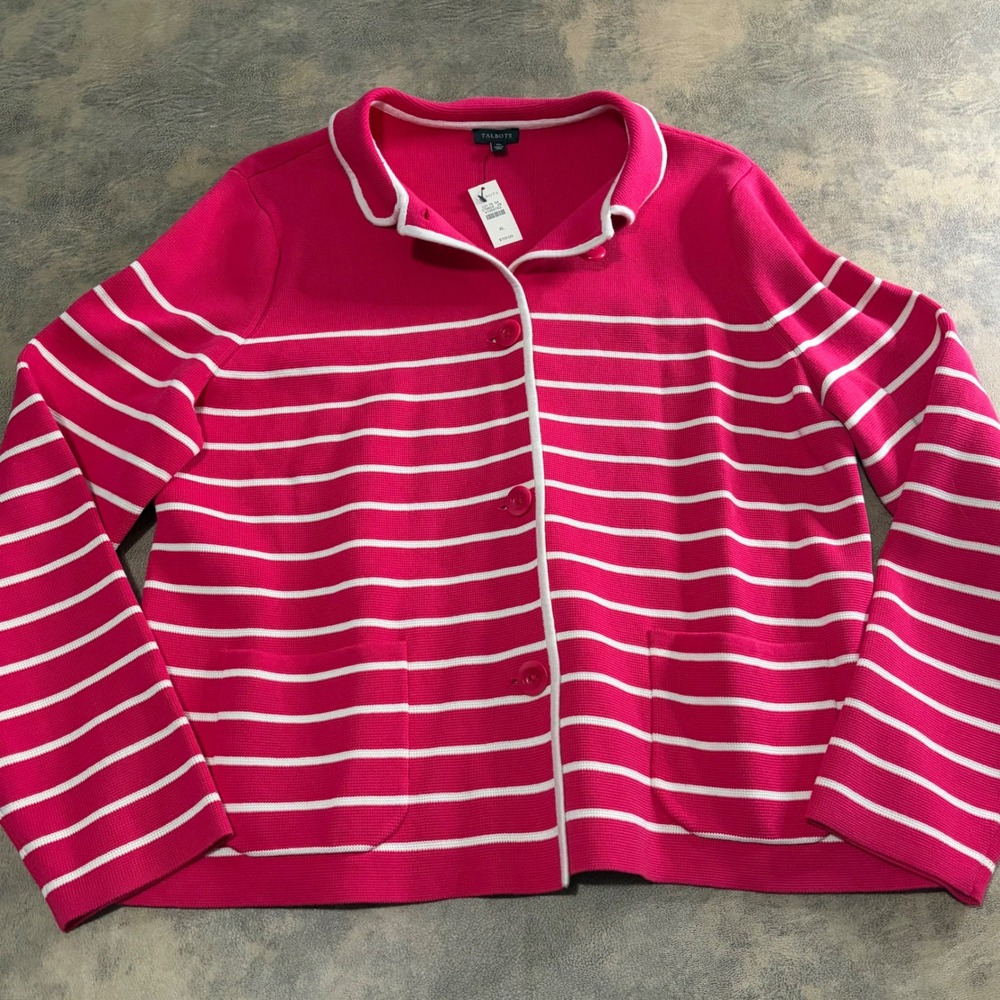 Talbots Cardigan Sweater Womens XL Pink Striped Button Front Cotton Blend Knit